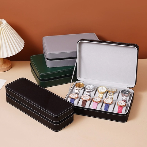 Watch Storage Box Zippered Travel Case PU Leather Exterior Velvet Lining Portable Jewelry Organizer Display