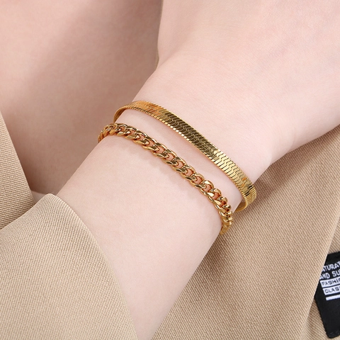 Edelstahl 18K Vergoldet Curb Und Flache Schlangenkette Zweilagiges Armband Hip Hop Mode Schmuck Unisex