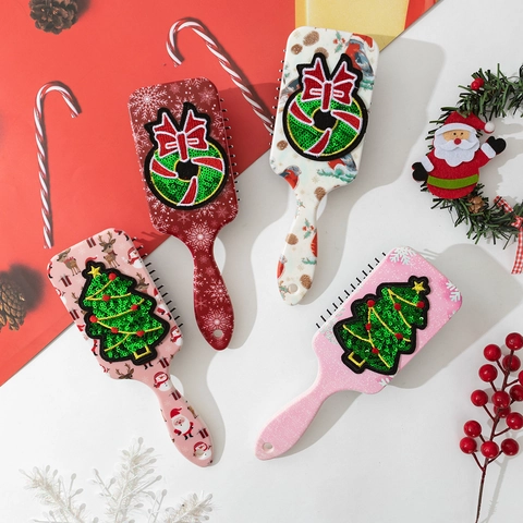 Christmas Air Cushion Hairbrush ABS Sequin Embroidery Patch Scalp Massage Anti-Static Festive Hair Care Accessory For Women Girls