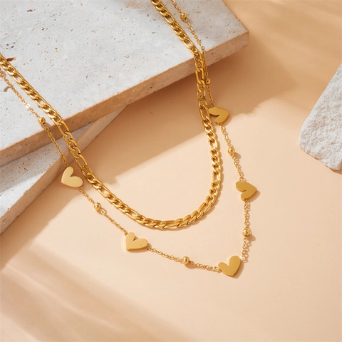 Double Layer Heart Pendant Necklace Stainless Steel Gold Plated Figaro Chain Fashion Jewelry For Women Elegant Stacked