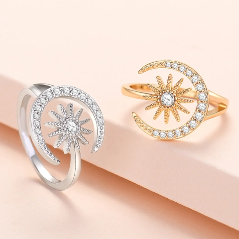 Anillo Abierto Sol Luna Cobre Con Circonita Micro Pavé Joyería De Dedo Elegante Ajustable Regalo Para Mujeres