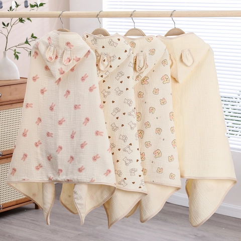 Baby Hooded Poncho Bath Towel Cotton Gauze Absorbent Soft Muslin Cartoon Animal Print For Infants Toddlers