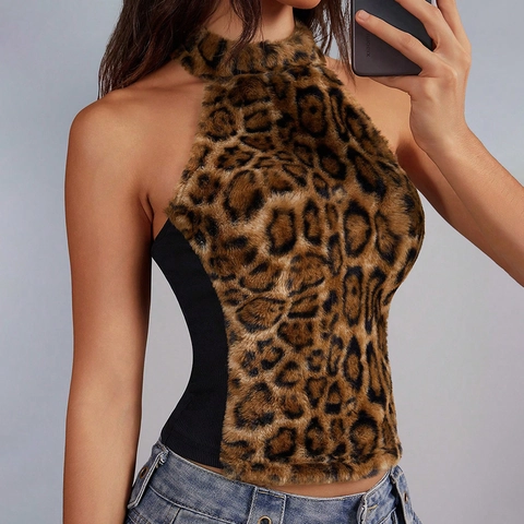 Dames Sexy Luipaardprint Faux Bont Halter Top Mouwloos Cropped Rugloos Patchwork Pluche Cami Top Streetwear