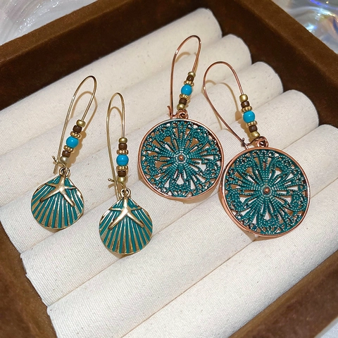 Vintage Bohemian Drop Earrings With Alloy Rice Beads And Stainless Steel Earring Post Ethnic Hollow Mandala Sea Star Shell