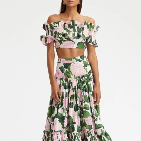 Polyester Hydrangea Print Swimwear Off Shoulder Ruffle Bikini Top Bottom And Maxi Skirt Beach Vacation Outfit Women