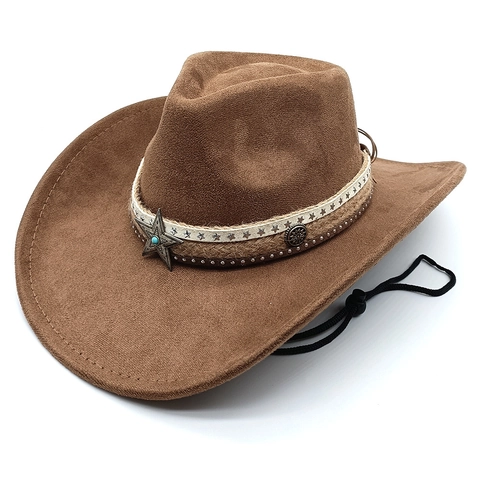 Retro Western Cowboyhut Wildlederimitat Breite Krempe Metallstern Türkis Besetztem Band Mit Verstellbarem Winddichtem Seil
