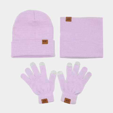 Gorro De Punto De Invierno Calentador De Cuello Y Guantes Táctiles Con Parche De Cuero MOM DAD Cálido Exterior Accesorio De Acrílico