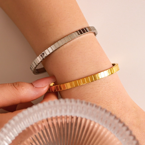 Geometric Square Textured Bangle Stainless Steel 18K Gold Plated Minimalist INS Style Luxury Jewelry Bracelet For Women
