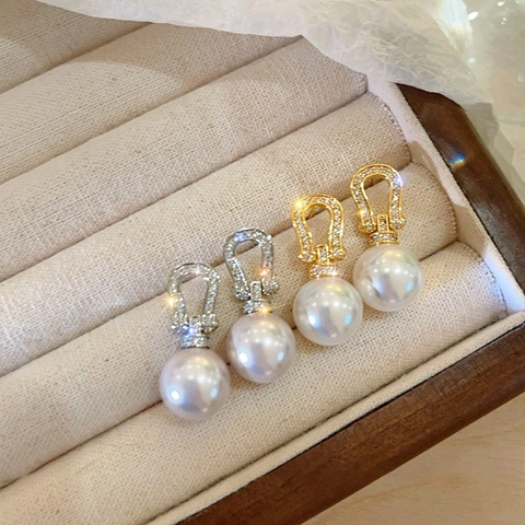 18K Gold Plated Horseshoe Buckle Artificial Pearl Earrings With 925 Sterling Silver Earring Post Zircon Inlaid Jewelry For Women