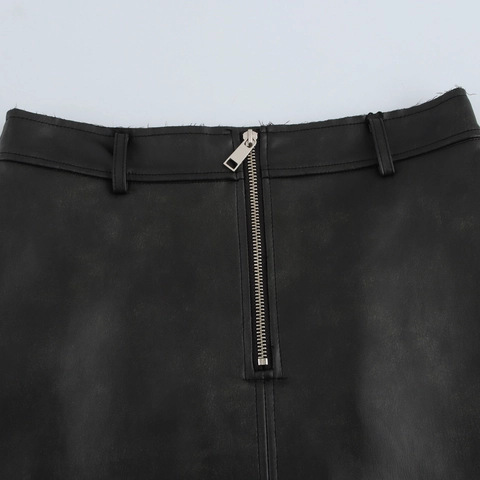 Falda Midi de Cuero Sintético Elegante para Mujer Cintura Alta Cremallera de Metal Frontal Falda de Línea A PU con Presillas y Abertura