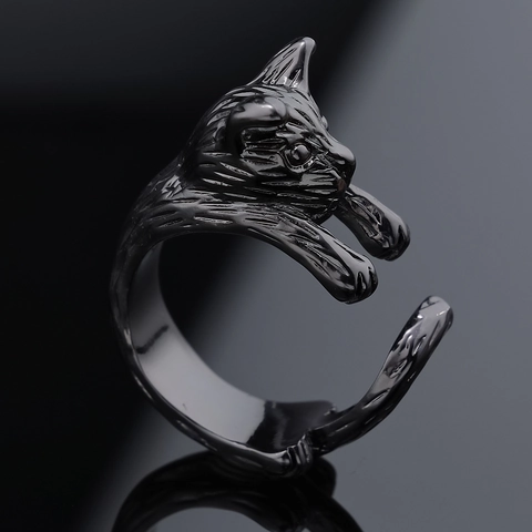 Black Stainless Steel Cat Ring For Women Adjustable Open Kitten Animal Finger Jewelry Gothic Punk Style