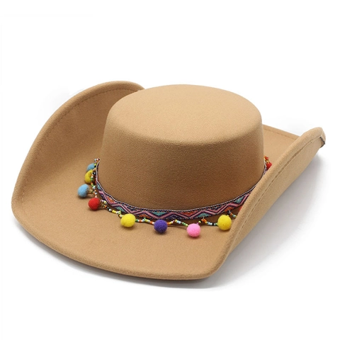 Ethnic Style Fedora Hat Polyester Felt Western Cowboy Hat Colorful Pom Poms Woven Band Bohemian Party Accessory Unisex