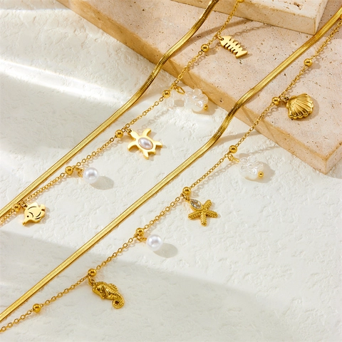 Cavigliera Multistrato Acciaio Inossidabile Placcato Oro Conchiglia Stella Marina Cavalluccio Marino Perla Artificial Spiaggia Donna