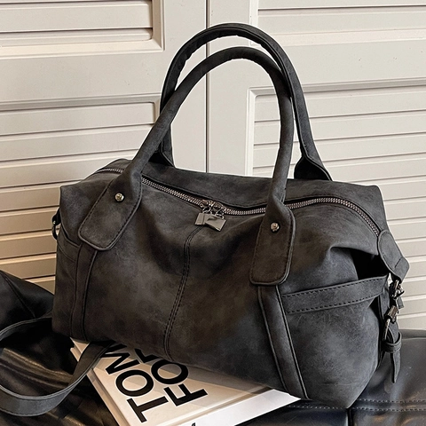 Large Capacity Boston Handbag Frosted PU Leather Vintage Travel Crossbody Bag Women Retro Style Solid Color