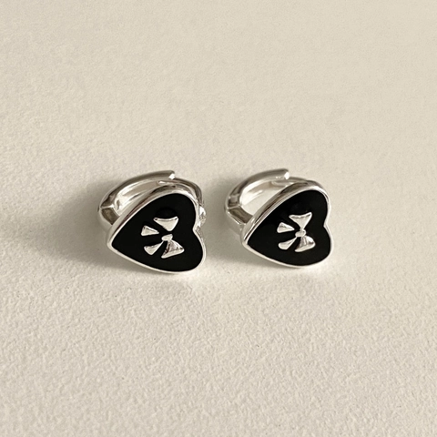 Orecchini A Cerchio A Cuore In Argento Sterling 925 Con Smalto Nero E Decorazione A Fiocco In Argento Gioielli Per Donna