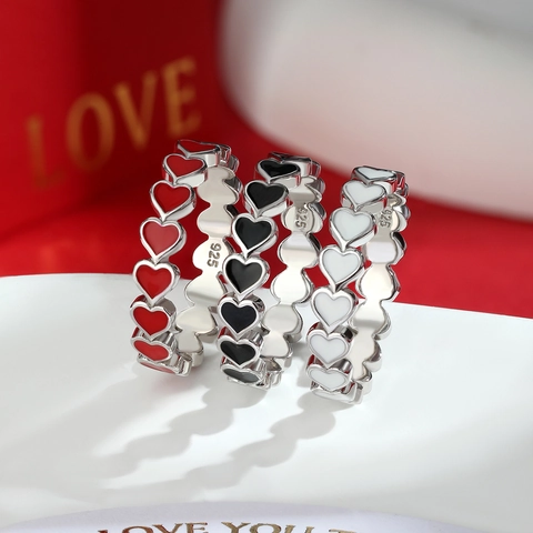 925 Sterling Silver Heart Ring For Women Minimalist Drip Oil Enamel Continuous Love Heart Band Ring Jewelry Gift
