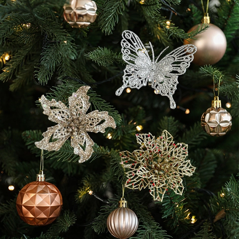 Artificial Christmas Flowers Butterflies Hollow Glitter Poinsettia Ornaments For Tree Decor Party Garland Festive