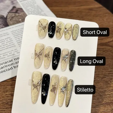 Handmade Press On Nails Black Rose Butterfly Rhinestones Artificial Pearls Glitter Vintage Elegant Reusable Artificial False Fingernails