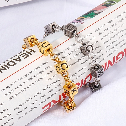 Lucky Buchstaben Quadratische Würfelperle Armband Edelstahl Retro Hip Hop Geometrische Gliederkette Schmuck