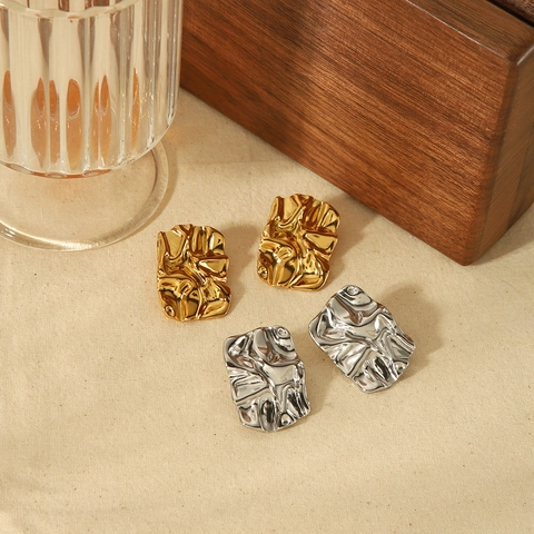 Stainless Steel Earrings 18K Gold Plated Vintage French Style Geometric Wrinkled Irregular Fashion Statement For Women