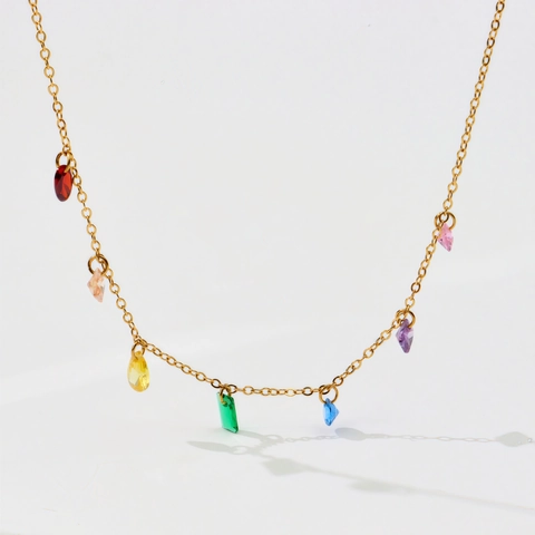 Collana In Acciaio Inossidabile Placcato Oro Con Pendenti Geometrici In Zirconia Cubica Colorata Gioielli Arcobaleno Per Donna