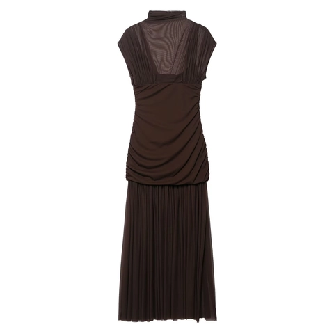 Vestito Maxi Donna Patchwork Maglia Collo Alto Senza Maniche Arricciato Slim Fit Elegante Caffè Poliestere Lungo