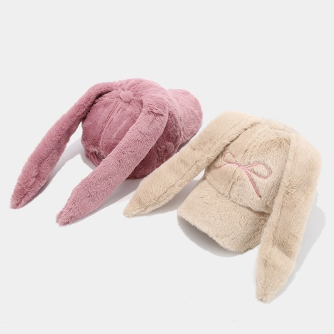 Korean Style Plush Baseball Cap With Long Rabbit Ears And Bow Embroidery Warm Faux Fur Duck Tongue Hat For Women Streetwear