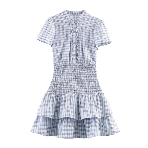 Kariertes Mini-Kleid Mit Gesmokter Taille Und Rüschenbesatz Kurzarm Süßer Lolita-Stil