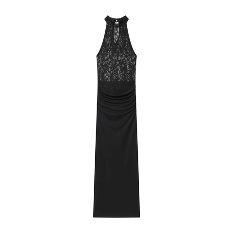 Lace Splicing Maxi Dress Halter Neck Ruched Sleeveless Elegant Formal Party Outfit For Women
