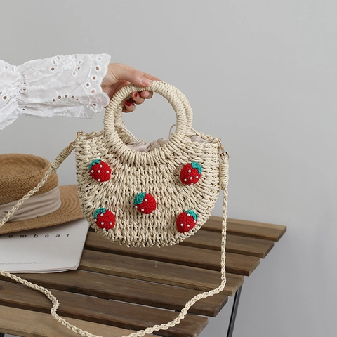 Süße Mini Stroh Gewebte Handtasche Für Damen Mit Häkelkirschen Erdbeer Dekoration Sommer Strandurlaub Umhängetasche