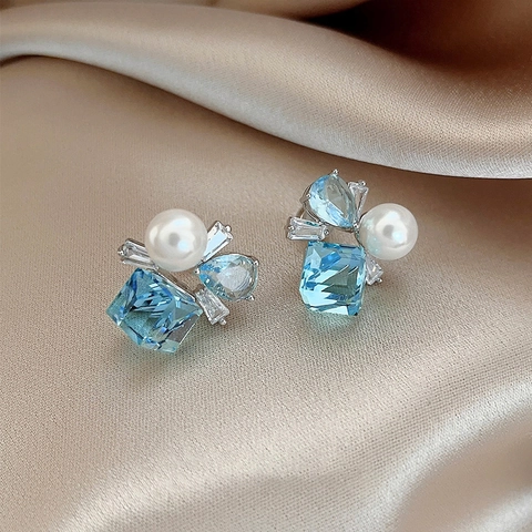 Square Blue Zircon And Imitation Artificial Pearl Stud Earrings With Silver Earring Post Elegant Geometric Cluster Jewelry For Women