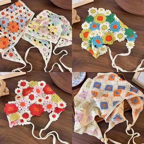 French Retro Hand Crochet Floral Triangle Bandana For Women Sweet Cute Knitted Hair Scarf Pastoral Style Head Wrap Hairband