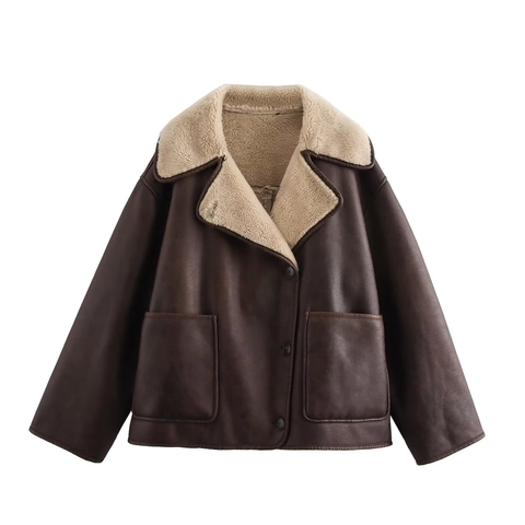 Women Faux Shearling Jacket Suede Lamb Wool Lining Lapel Button Down Coat Loose Fit Casual Warm Streetwear Gothic