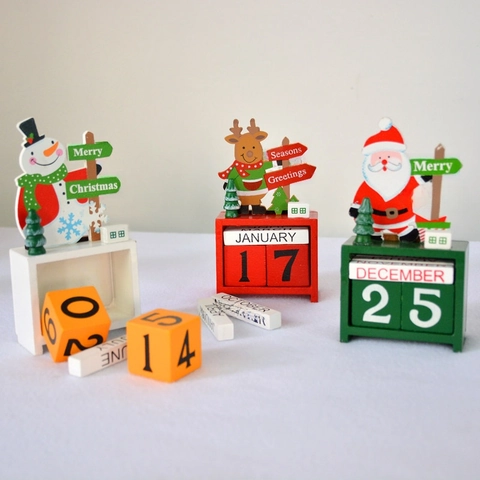 Christmas Wooden Perpetual Desk Calendar Blocks Santa Snowman Reindeer Countdown Date Month Display Holiday Table Ornament