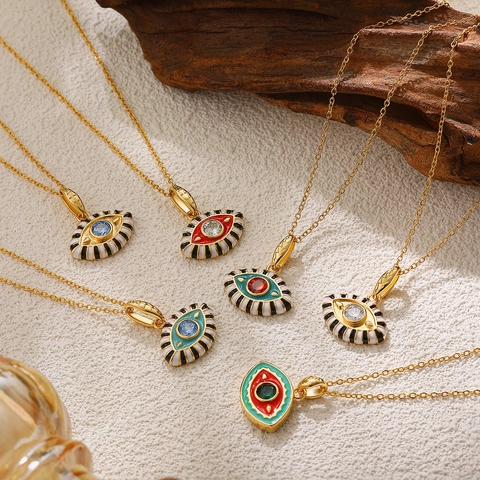 Stainless Steel 18K Gold Plated Evil Eye Pendant Necklace Enamel Dopamine Jewelry Rhinestone Inlaid Hip Hop Clavicle Chain For Women Men
