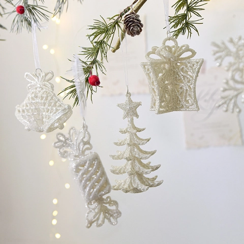 Christmas Hanging Ornaments Glitter Snowflake Reindeer Bell For Xmas Tree Holiday Party Home Decor White Gold
