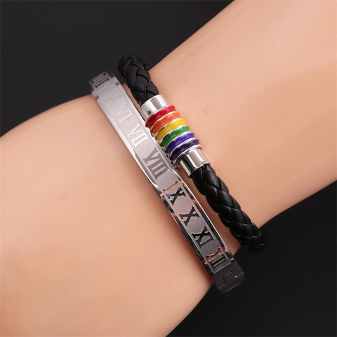 Herren Armband Und Spange Edelstahl Römische Ziffern Geflochtenes Lederband Regenbogen Magnetverschluss Modeschmuck