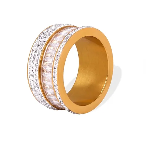 Luxury Wide Band Ring Gold Plated Titanium Steel Multilayer Baguette Round Zircon Personalized Fashion For Women