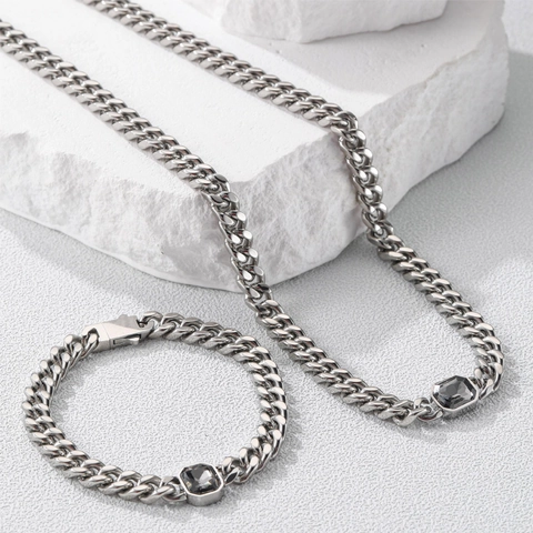Bracciale a Catena Cubana Hip Hop in Acciaio al Titanio Con Pietra Grigia Geometrica Gioielli Stile Punk Unisex Per Uomo Donna