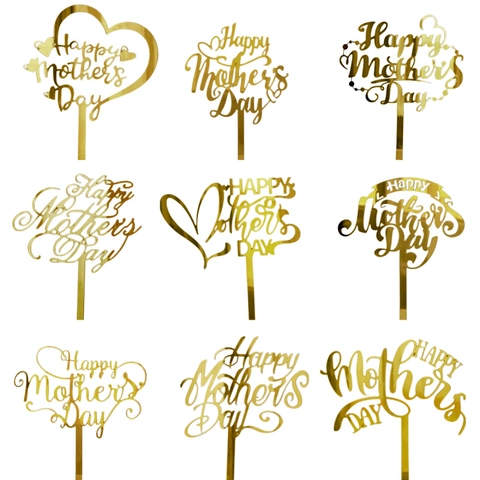 Happy Mother's Day Cake Topper Mirror Gold Rose Gold Acrylic Heart Flower Design Party Decoration Dessert Supplies