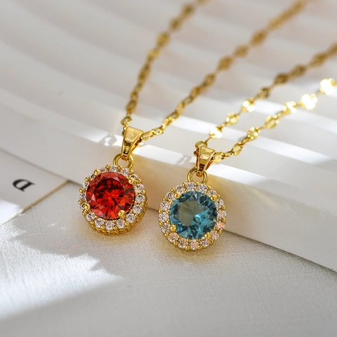 Eleganter Halskette Mit Rundem Edelsteinanhänger Kupfer Vergoldet Halo Strass Blattgliederkette Schmuck Für Damen