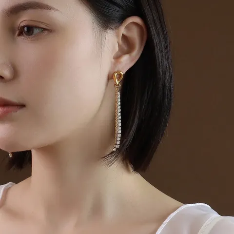 Long Drop Earrings Titanium Steel 18K Gold Plated Baguette Zircon Tassel French Style Elegant Jewelry For Women
