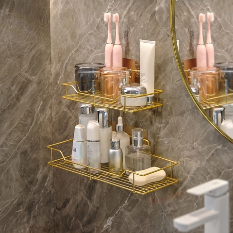 Gold Bathroom Storage Rack Wall Mounted Metal Shower Caddy Waterproof Rustproof Drill Free Organizer Modern Luxury