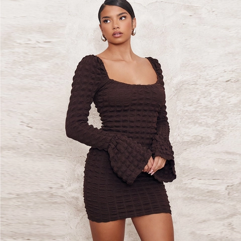Sexy Square Neck Long Flare Sleeve Mini Dress For Women Solid Color Popcorn Texture Hollow Out Slim Fit Streetwear Party Brown
