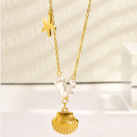 Collar de Pendiente de Vieira Estrella de Mar y Cola de Pez de Acero de Titanio Dorado Con Perla Artificial Joyería de Vacaciones para Mujer