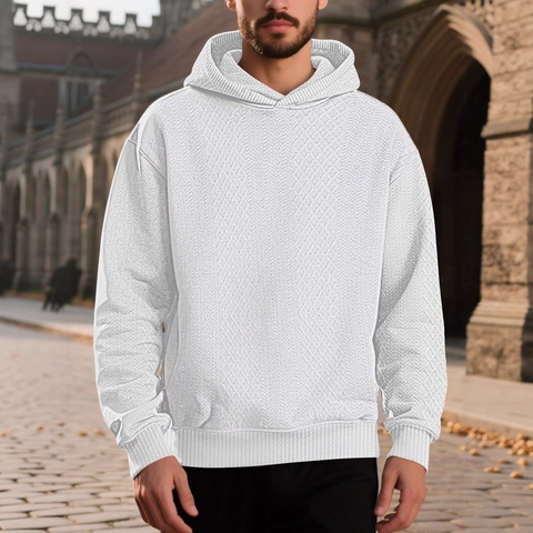 Men Hoodie Pullover Long Sleeve Jacquard Texture Loose Fit Solid Color Casual Urban Style Fashion Top