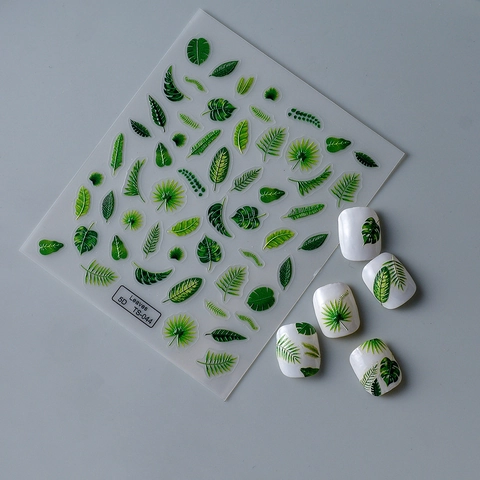 Green Tropical Leaves 5D Embossed Nail Stickers Relief Monstera Palm Pattern Self Adhesive Waterproof Fresh Style For Women
