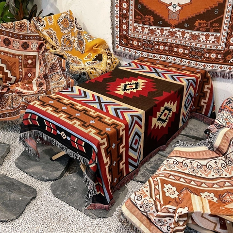 Bohemian Throw Blanket Cotton Woven Ethnic Geometric Pattern With Tassels For Camping Sofa Picnic Travel Decor