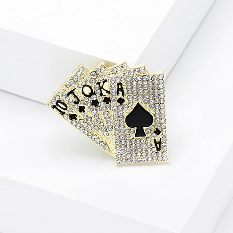 Hiphop Royal Flush Poker Playing Cards Brooch Pin Gold Silver Color Rhinestone Inlaid Fashion Jewelry For Women Men Gift