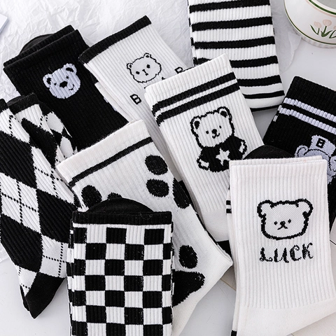 Women Cotton Blend Crew Socks Breathable Knitted Black White Cartoon Bear Checkered Stripe Argyle Casual Fashion Style